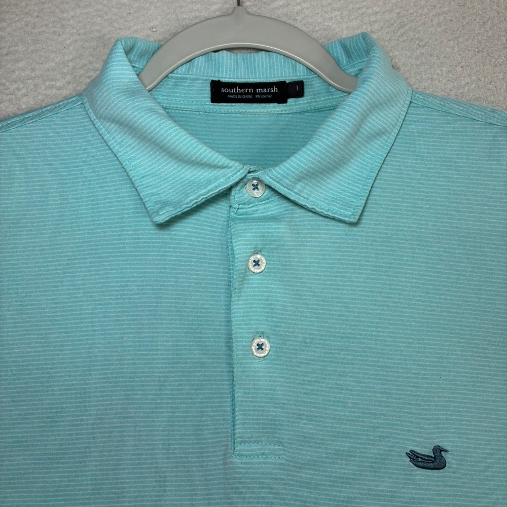 Southern Marsh Polo Shirt Men L Blue Striped Performance Golf Preppy Stretch